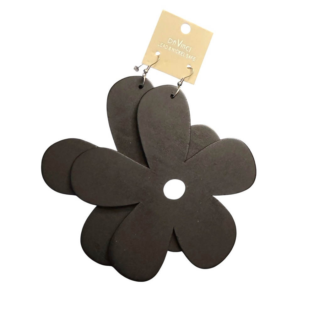 NWT DaVinci Black Oversized Flower Dangle Statement Earrings BK Retro Boho